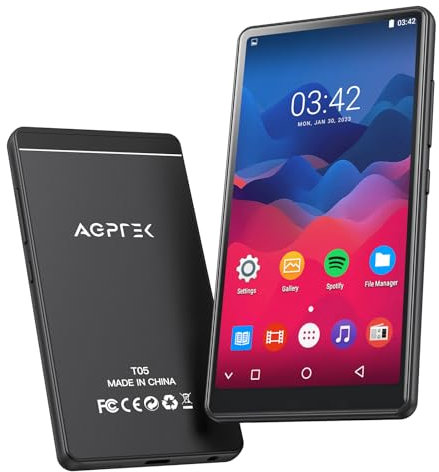 AGPTEK 40Go Lecteur MP3 MP4 Bluetooth WiFi, 4 Écran Tactile MP3 Android avec Spotify, Amazon Music, Lecteur Musique HiFi avec Haut-Parleur/Radio FM, Batterie 1000mAh, Externe Jusqu'à 128Go