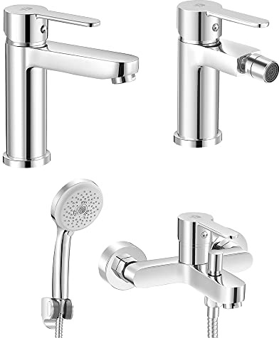Set miscelatori lavabo bidet e vasca con doccetta, cromato lucido in ottone, include piletta di scarico, kit doccino, IOLE