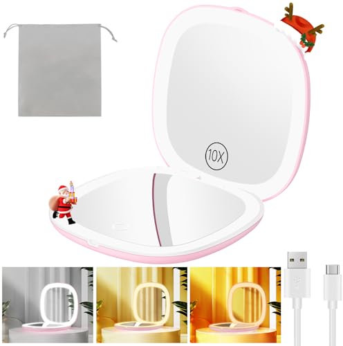 Gospire 3.9 Wiederaufladbar Taschenspiegel mit 1X/10X Vergrößerung, 3 Lichtfarben & Einstellbarer Helligkeit, Reisespiegel Klein Schminkspiegel Klappbar Taschenspiegel für Frauen Mädchen, Hellrosa
