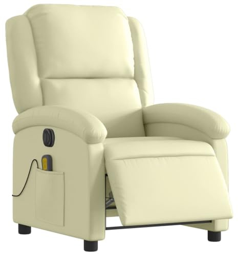vidaXL Massagesessel Elektrisch, Sessel Verstellbare Rückenlehne Fußteil, Fernsehsessel Relaxsessel mit Liegefunktion, Liegesessel Polstersessel Ruhesessel, Creme Echtleder