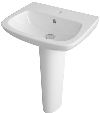 Balterley 500mm Bathroom Sink, Full Pedestal Ceramic Soft Square Bowl Bathroom Wash Basin Sink with Overflow, 1 Tap Hole, Floor Standing Basin Sinks for Cloakroom - 500 x 400 x 805mm (White)