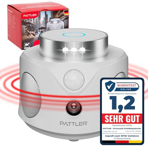 PATTLER Dissuasore per Topi ad Ultrasuoni, Repellente Ultrasuoni Topi, Ultrasuoni per Topi a 360°, Ultrasuoni per Topi da Esterno e da Interno, Scaccia Topi, Pest Reject, Dissuasori per Topi