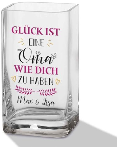 GRAVURZEILE Blumenvase mit UV Druck - Glück ist eine Oma - Personalisiert mit Namen - Moderne Vase aus Glas - Personalisierte Geschenke für Frauen - Deko Geschenkidee zum Geburtstag - 20x11cm