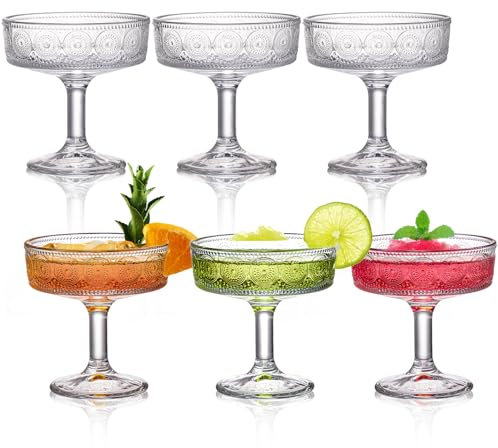 Pumtus Lot de 6 verres à martini vintage en relief, verres à martini, verres à cocktail cannelés floraux, verres à margarita transparents, verres romantiques pour cocktail, vin, champagne