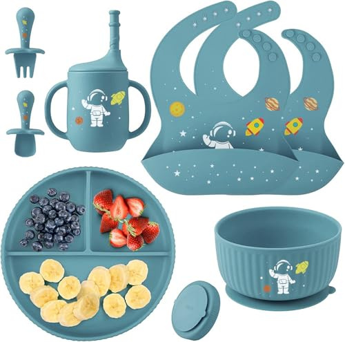 Baby Weaning Set with Pattern, Suction Bowls Sets, Silicone Baby Feeding Set, Baby Weaning Essentials with Adjustable Bib, Suction Plate, Cup, Spoon and Fork