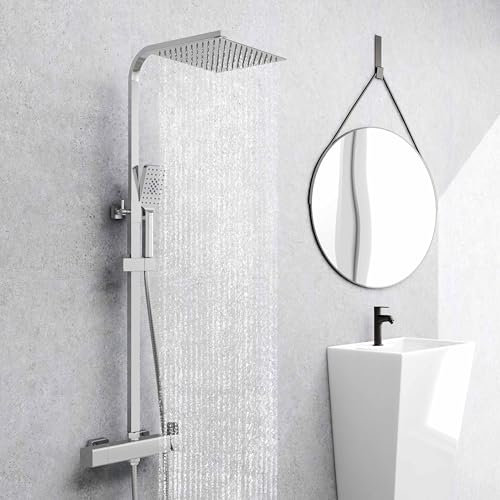 AICA ensemble de douche colonne de douche de salle de bain avec robinet mécanique, douche de tête carrée 25X25CM et douchette 3 fonctions, hauteur réglable 750-1200mm(Style 3)