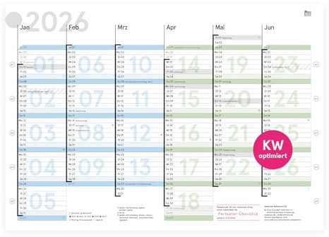 weekview Tafelkalender 2026 mit Wochenstruktur DIN A4 farbig, Tafelplaner mit Feiertagen, Jahreskalender, Wandkalender | 12 Monate mit klarer Kalenderwoche