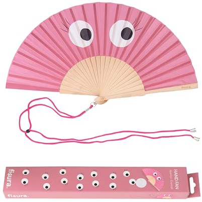 Fisura – Ventaglio in legno con decorazione occhi rosa. Accessorio trendy e originale, ventaglio a mano nei toni del rosa con pratico gancio. Dimensioni: 42,5 x 23 cm