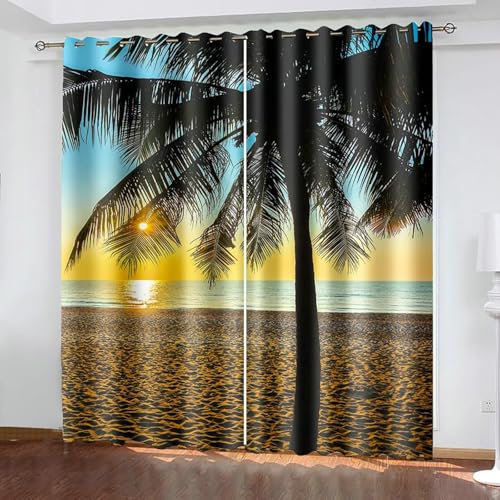 Bishilin Vorhänge Wohnzimmer Verdunkelung 2er Set, Verdunklungsvorhänge 137x183CM mit Ösen Landschaft Sonnenuntergang Strand Kokospalme Gardinen Blickdicht Kinderzimmer Jugendzimmer