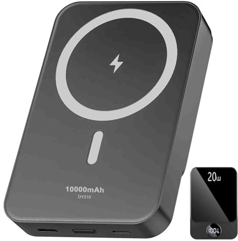 Magnetic Power Bank 10000mAh，20W Fast Charging Portable Charger, Battery Pack with LED Display, Small USB-C Wireless Power Bank with Mag-safe for iPhone 16/15 Plus/Pro/Max,14/13/12 Series,Black