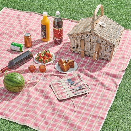 casa.pro Picknickkorb für 2 Personen Bucchianico Komplettset Weide Flechtkorb Picknick Set Geschirr mit Besteckset Decke kariert Natur/Rot