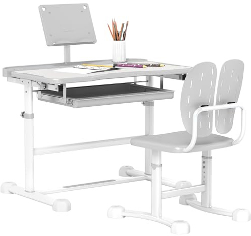 AIYAPLAY Bureau Enfant avec Chaise, Ensemble Bureau et Chaise pour Enfants avec réglable en Hauteur, Plateau incliné 45°, tiroir et Support de Livre, pour Enfants de 3 à 12 Ans, Gris