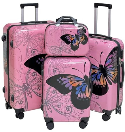 SUREVOY Set di valigie Papillon da 2 pezzi – struttura rigida, 20“ + 14”, ruote silenziose a 360°, maniglia telescopica,Lucchetto a combinazione，bianco lucido (Farfalla rosa（14+20+24+28）)