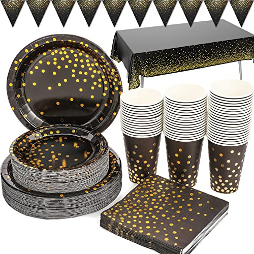 Duocute Vaisselle de Anniversaire Noire Or 99pcs Vaisselle de Fete Set Assiette en Papier Serviette Tasse Nappe Banner pour Anniversaire, Remise de Diplôme, Fête du Nouvel An, Cocktail-24 Invités