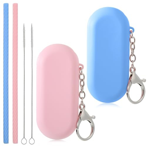 2 Sets Silicone Reusable Straws, Portable Travel Straw with Case and Cleaning Brush Collapsible Drinking Straws for Travel Party (Pink and Blue)