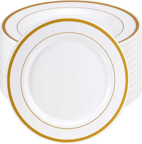 SEUNMUK 50 Pack 18.5 cm Premium Plastic Dining Plates with Gold Rim, Reusable Plastic Plates Multi-Use Dinner Party Bowls for Dessert, Soup, Salad, Weddings and Parties