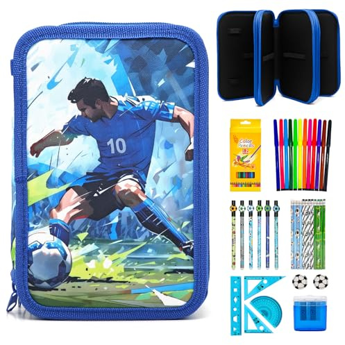 Ecoret-Pro Federmappe Jungen - Fußball-Design 3fach Federtasche mit Schulzubehör-Set, Mäppchen Jungs mit 12 Buntstiften, 12 Wasserfarbenstiften & mehr