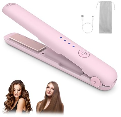 Cordless Hair Straightener, Mini Cordless Hair Straightener & Curling Wand, 3000mAh Battery, USB-C Charging, 4 Temperature Settings Adjustable for Short to Long Hair (Pink)