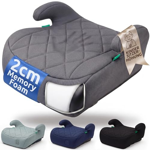 Mallie® Premium Sitzerhöhung Auto Kinder mit 2 cm Memory Foam | Kindersitz Auto 15-36 kg, ECE R129 | Kindersitzerhöhung ab 6 Jahre, 125-150 cm (Grau)