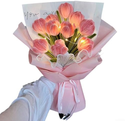 Feeshoppher tulpanbukett handgjord gör-det-själv materialkit för hantverk personliga konstgjorda blommor med plastpapper och metall inkluderar rosa blå och lila blommiga tillbehör för att skapa (en