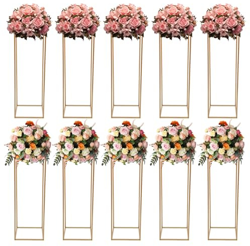 Pinuox 10 Stück Blumenständer Eckig 27x27x80cm, Pflanzenständer Metall Vase, Blumenständer Gold für Zuhause Party Hochzeit Dekoration