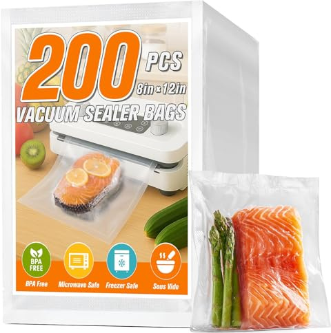 FUNFERY 200 Pcs Precut Vacuum Sealer Bags for Food 20x30cm | Long-Term Storage and Sous Vide Commercial-Grade Bag, BPA Free for Microwave, Boiling,Sous Vide, Refrigerator