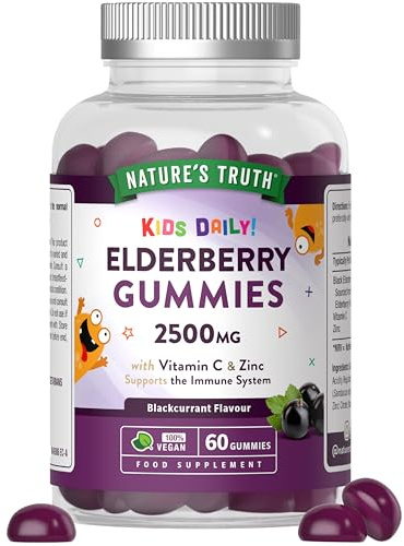 Black Elderberry Gummies for Kids 2500mg | with Vitamin C & Zinc | Elderberry Fruit Extract | Blackcurrent Flavour | Vegan | 60 Count | Nature's Truth