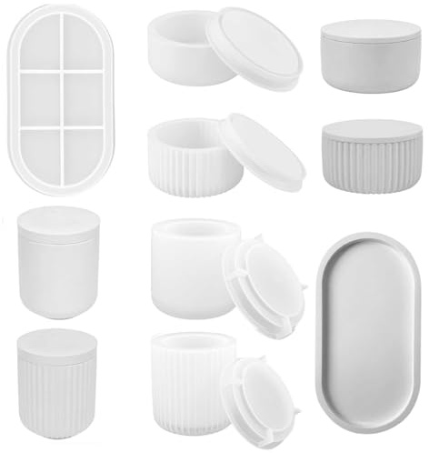 Set de 9 moules en silicone pour résine époxy et béton | Pour vases et boîtes de rangement avec couvercle (lisse/rayé), avec plateau ovale, moules en résine, blanc