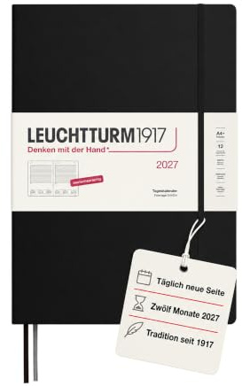 LEUCHTTURM1917 Tageskalender 2027 A4+ (Master) - Deutsch, Schwarz, 225 x 315 mm, Januar-Dezember (12 Monate), 1 Seite pro Tag, Stundenraster 7:00-22:00, Hardcover, 100 g/m² Papier | Stundenraster 7-22 Uhr, 464 Seiten, 100 g/m² säurefrei, 3-Jahresübersicht, Projektplan, Schulferien DE