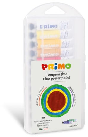 PRIMO - Temperafarben für Kinder ab 3 Jahren 12 Tuben 7,5ml, Kinder Wasserfarben, Wasserlösliche Farben Dichte Deckende Feine Temperafarben für Textilfarbe, Papier, Glas und Kreatives Basteln