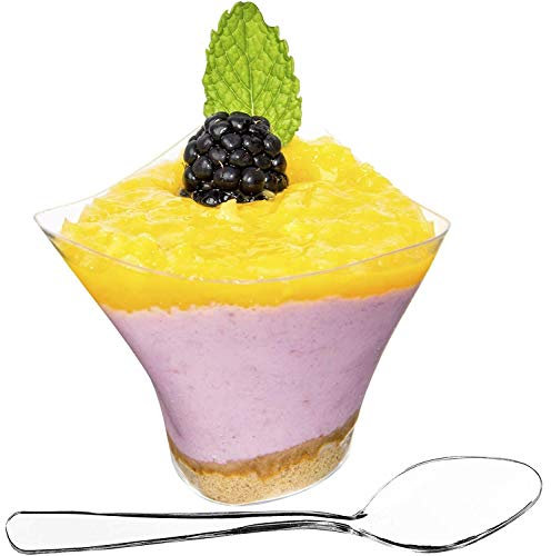 DLux Dessert Cups with Spoons, 105 ml 50 Pcs - Clear Plastic Parfait Appetizer Cups, Small Swirl Reusable Shot Glass Bowl for Party Desserts Appetizers - with Recipe Ebook