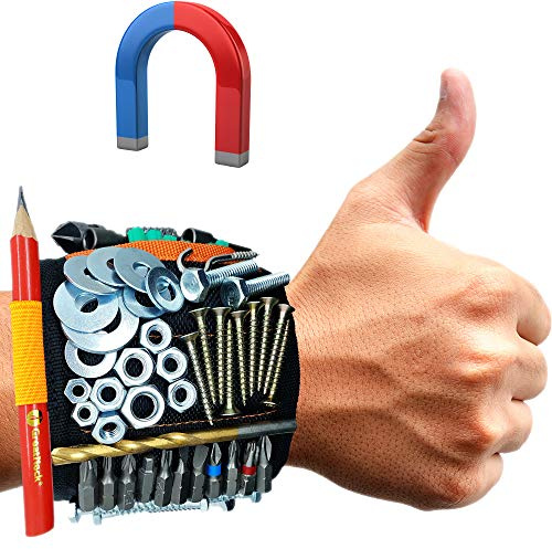 MyToolOn Bracelet magnétique avec 20 aimants super puissants pour tenir outils, vis, clous et pièces métalliques. Cadeau unique pour les bricoleurs, mari, papa, petit ami, homme et femme, noir