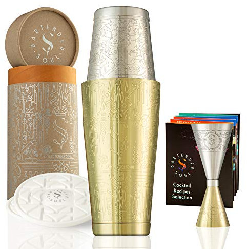 Shaker à Cocktail Boston Professionnel avec Illustration, Conçu à Barcelone - Galvanisé Dorée Anticorrosion - Doseur de Précision et Dessous de Verre en Silicone Brevetés