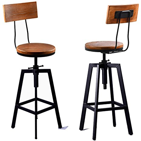 Diwhy Industrieller Barhocker aus Holz und Metall, höhenverstellbar, drehbar, mit Rückenlehne, schwarz, vollständig verschweißt, 2er-Set (braune Holzplatte mit Holzrückenlehne)
