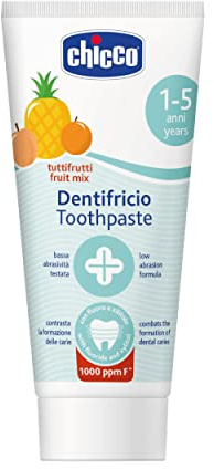 Chicco Dentifricio Bambini Tuttifrutti, Bassa Abrasività, con Betaina e Vitamina E, Contrasta la Formazione Delle Carie e Rimuove la Placca, 12+ MESI - 50 ml