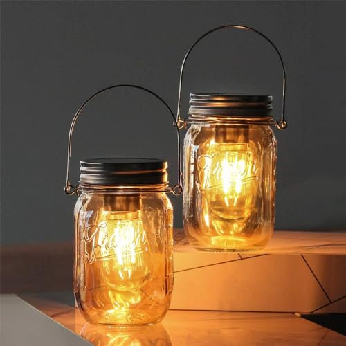 MJ PREMIER Mason Jar Lights Hanging,2-Pack Outdoor Garden Lanterns,Battery Operated Cordless Lamps,LED Bulb and Auto Timer,Patio,Indoor Lights for Camping Picnic Party Fireplace Hallway (Amber)