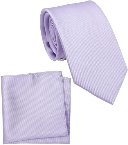 ZENXUS Regular Lilac Lavender Tie and Pocket Square for Men, Solid Color Necktie Set, 3.2 inch Standard Width