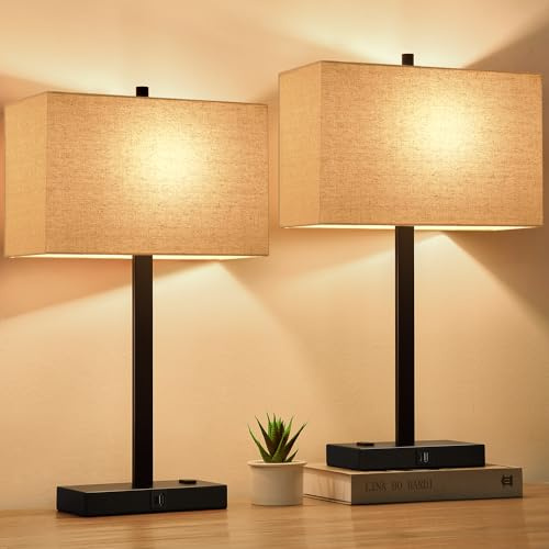 21 Touch Bedside lamps with 2 USB & AC Outlets, 3-Way Dimmable Bedside Table Lamps Set of 2 for Bedroom Living Room Office Reading, Beige Linen Shade Lamps for Night Stands, 2700K LED Bulbs Included