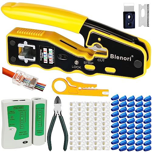 Blenori RJ45 Crimp Tool Kit for Cat6 Cat5e Cat5 Connectors | Pass Through Ethernet Crimping Tool with Network Cable Tester, Cable Cutter, 50PCS Cat6 Plugs & Boots