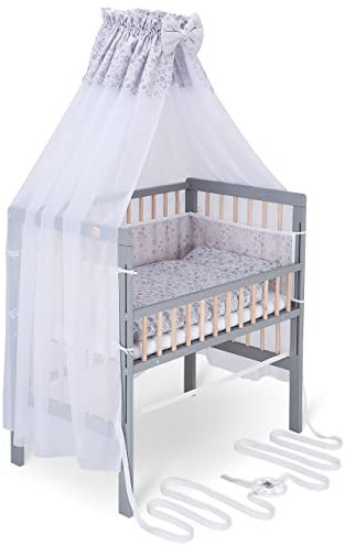 FabiMax Baby Beistellbett für Boxspringbett, TÜV geprüft 2022, inkl. Matratze und Komplettset, Buche massiv grau/Natur, Comfort/graue Blümchen