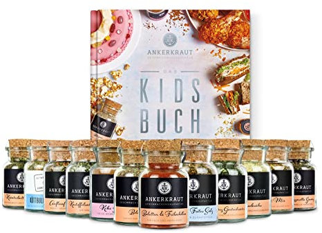 Ankerkraut Kids Kochbuch Set mit 12 Gewürzen, Kids Kochbuch mit Rezepten enthalten, leckere Gewürzgläser im Geschenk Set