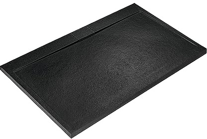 Ideal Standard - Ultra Flat S i.life, Plato de ducha rectangular 160 x 80 cm, de resina, desagüe lateral largo, acabado mate efecto piedra, color negro