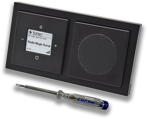 Busch Jäger iNet Internet Unterputz Radio 8216U Future SCHWARZ MATT, Komplett-Set mit Lautsprecher, Abdeckungen, Rahmen + EBROM Phasenprüfer zur Montage der Geräte - 8216 U Internetradio