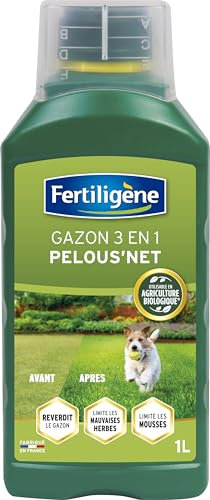 FERTILIGENE FGAZLIQ1 - Engrais Liquide Gazon 3 en 1 Pelous'Net 1 L - Reverdit le gazon - Limite mauvaises herbes et l'apparition des mousses - Avec bouchon doseur - Pour 67 m² - Fabriqué en France