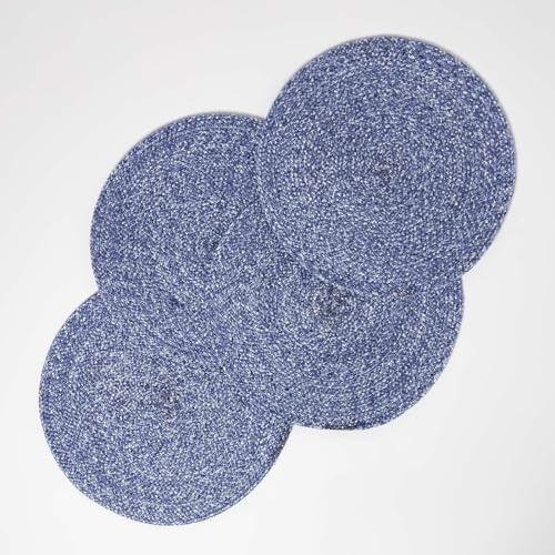 HOMESCAPES Set de Table Rond Bleu, Lot de 4 Dessous de Table tressé en Polyester 40 cm