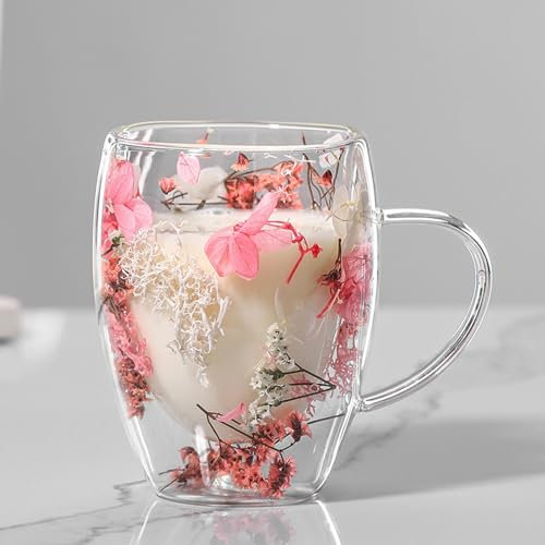Fellflying Getrocknete Blumen Doppelwandige Kaffeetasse Aus Glas | Isolierte Kaffeetassen Aus Glas Mit Henkel | Hitzebeständige Tassen, Gläser, Geschenke Für Mama, Frau Und Freundin, 350 Ml