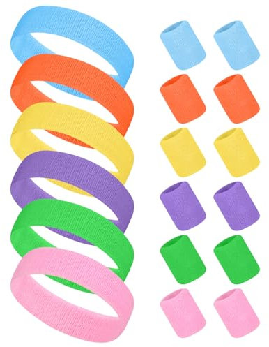 Partideal 18 Stück 80er Neon Schweissband Set,6 Farben Stirnband mit 12 Stück Handgelenk Schweißband für Laufen Radfahren