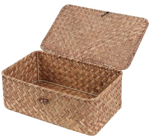 FEILANDUO Weidenregalkörbe mit Deckel, Seegras, Aufbewahrungskorb, Behälter, rechteckig, handgewebt, für Regale, Schreibtisch, Heim-Organizer (Kaffee, Small)