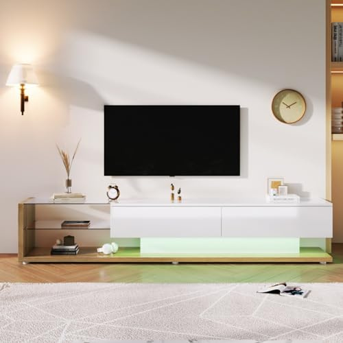 KOMHTOM Meuble TV Blanc avec tiroirs, buffet TV avec LED et plateaux en verre, meuble TV pour salon chambre à coucher (Blanc+couleur bois)