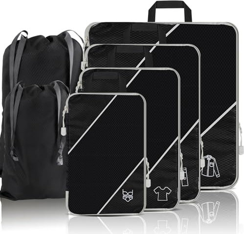 6 Teilige Schwarz Kompression Koffer Organizer Set, Ultraleicht Compression Packing Cubes, Erweiterbar Packwürfel Kofferorganizer Travel Organizer Reise Organizer für Koffer Rucksack Gepäck